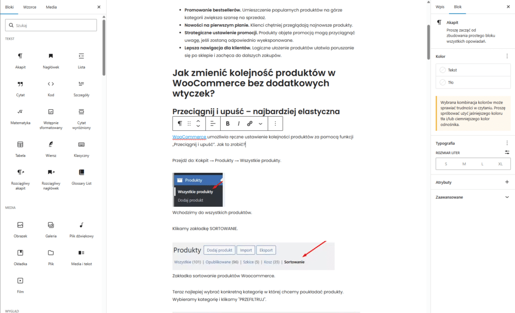 Edytor treści WordPress umożliwiający zarządzanie zawartością strony w systemie CMS
