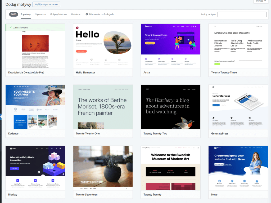 Panel WordPress z biblioteką motywów umożliwiający instalację szablonów strony internetowej