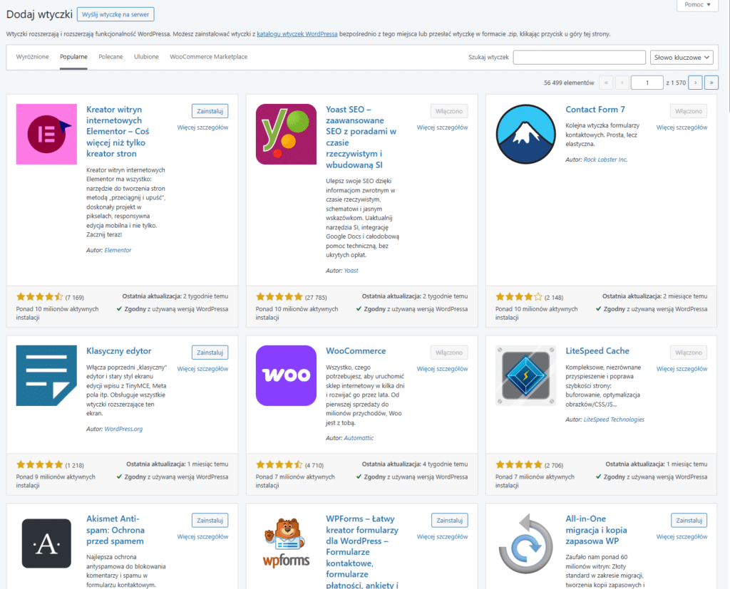 Panel instalacji wtyczek WordPress z dostępem do oficjalnego katalogu rozszerzeń