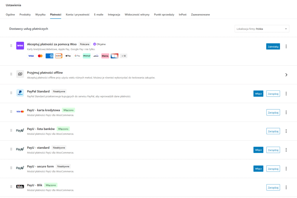 Panel ustawień płatności WooCommerce z dostępnymi metodami płatności online