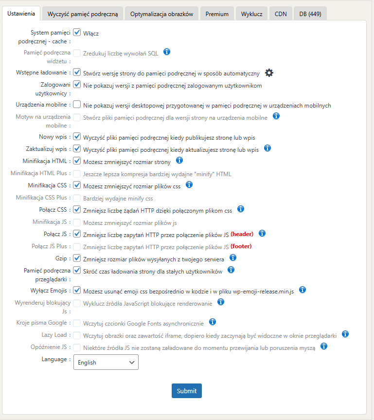 Panel ustawień wtyczki wp fastest cache w systemie wordpress z aktywnymi funkcjami buforowania strony i minifikacji kodu.