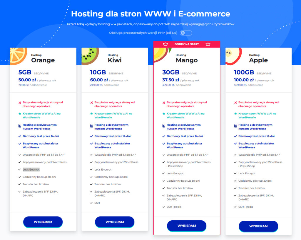 Przykładowy cennik hostingu LH