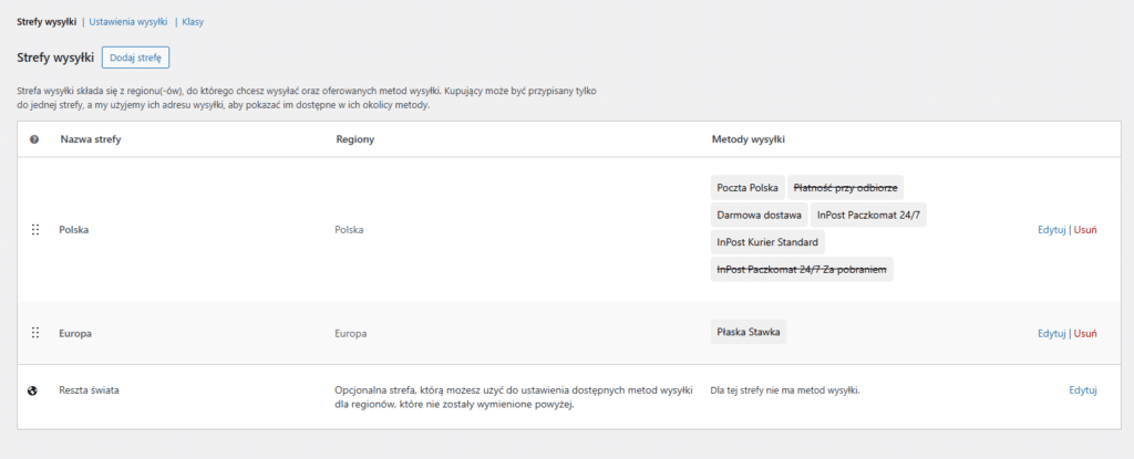 Ustawienia wysyłki WooCommerce z konfiguracją metod dostawy i integracją kuriera