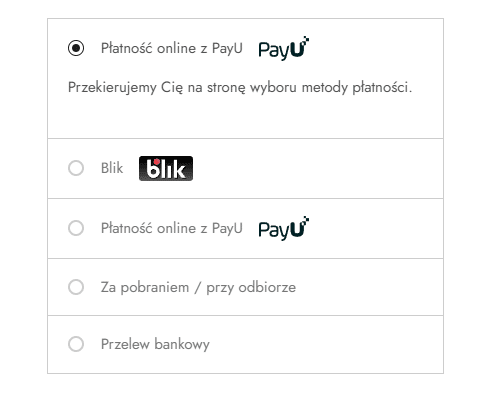 Widok formularza zamówienia WooCommerce z wyborem metody płatności online