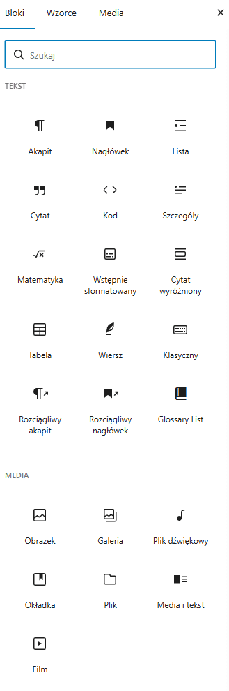 Widok panelu administracyjnego WordPress przedstawiający listę bloków edytora Gutenberg i strukturę treści strony.
