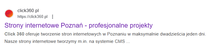 Zrzut ekranu wyników wyszukiwania Google z wyróżnionym elementem meta title podstrony firmowej.